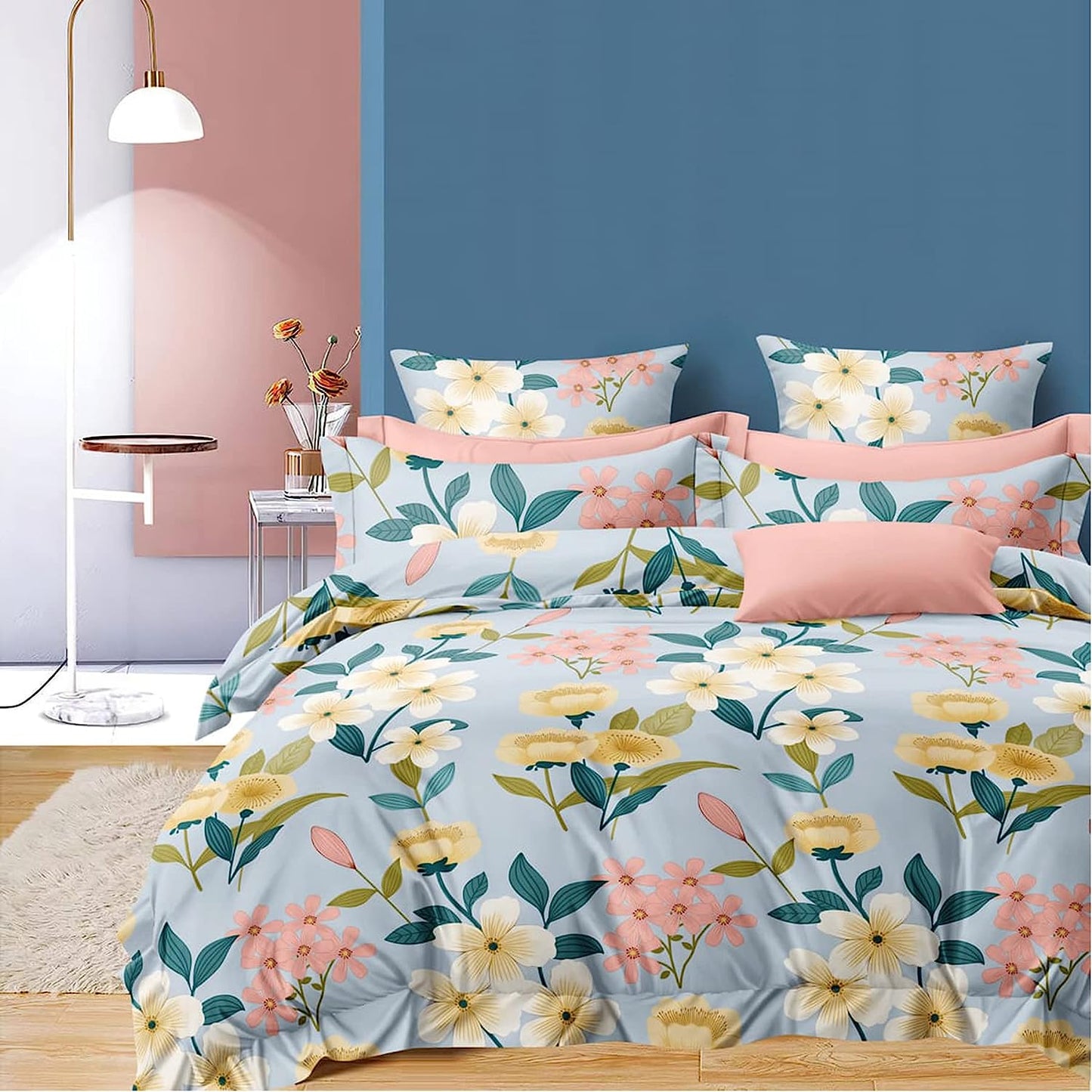 Bigger Fish Comfy 240 TC Polycotton Double Abstract Flat Bedsheet 90x100 Inch with 2 Pillow Cover ( Sky Blue)