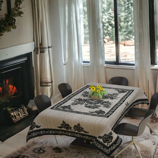 Bigger Fish Polycotton Printed 6-8 Seater Decorative 60x90 Inch Dining Table Cover (Black)