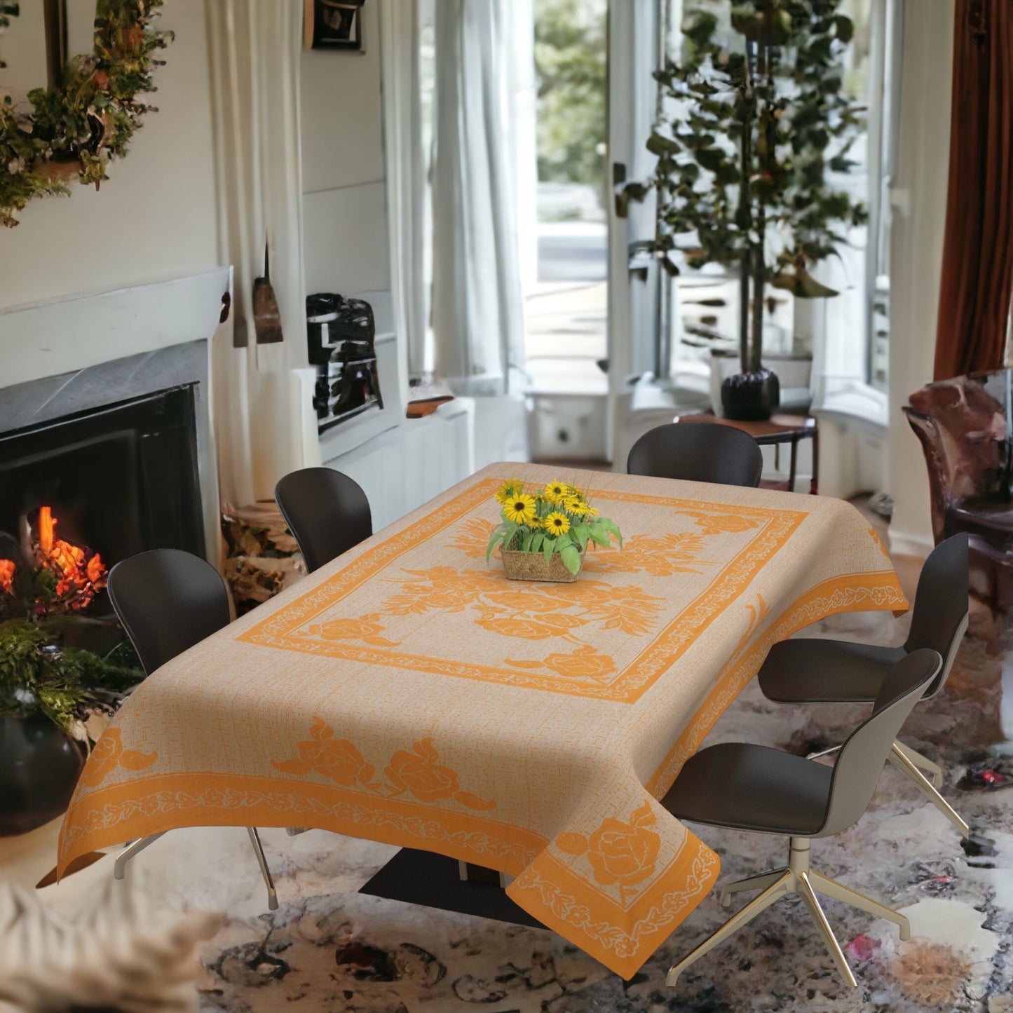 Bigger Fish Polycotton Printed 6-8 Seater Decorative 60x90 Inch Dining Table Cover (Mustard)