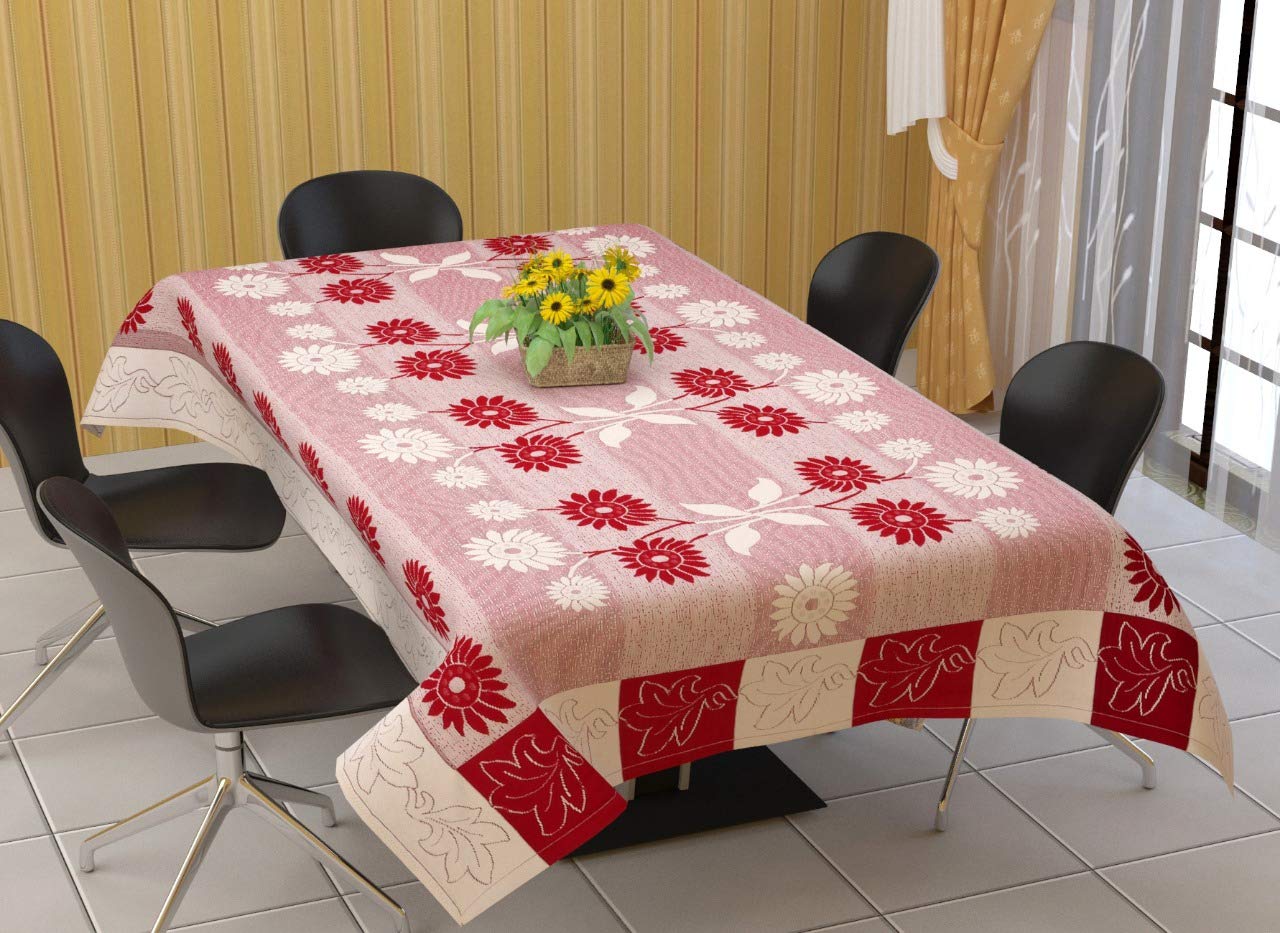 Bigger Fish Poly Cotton , Decorative Hand Made Floral Design Dining Table Cover for 6-8 Seater (60 X 90 Inches) (Red)