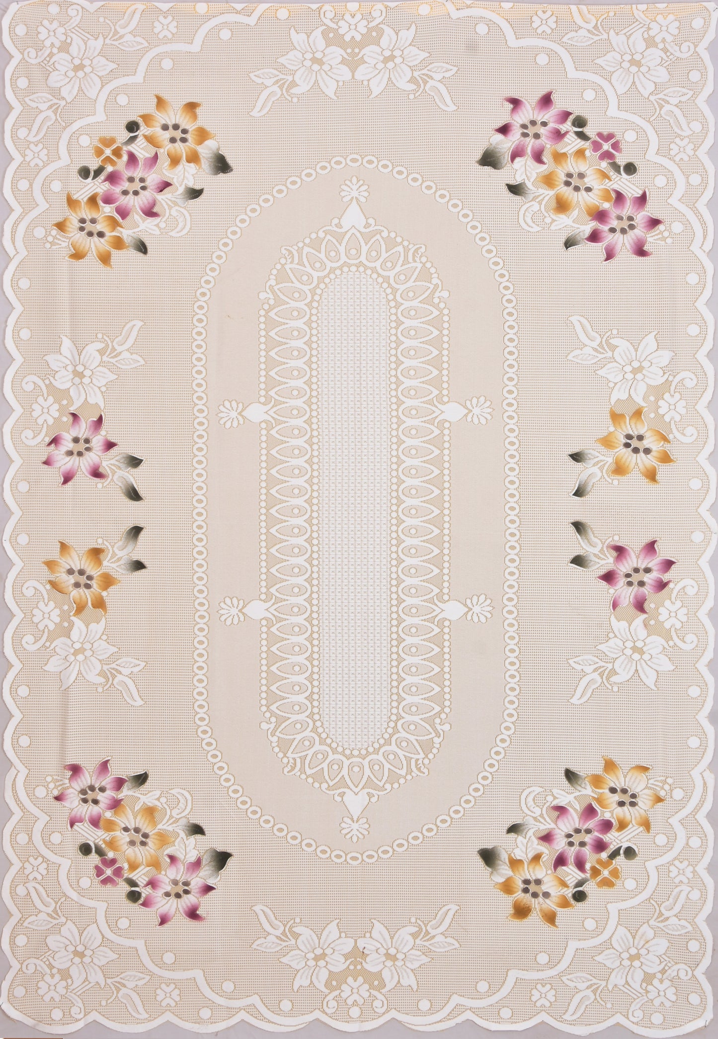 Bigger Fish Poly Cotton , Decorative Hand Made Flower Dining Table Cover for 6 Seater (60 X 90 Inches) (Cream)