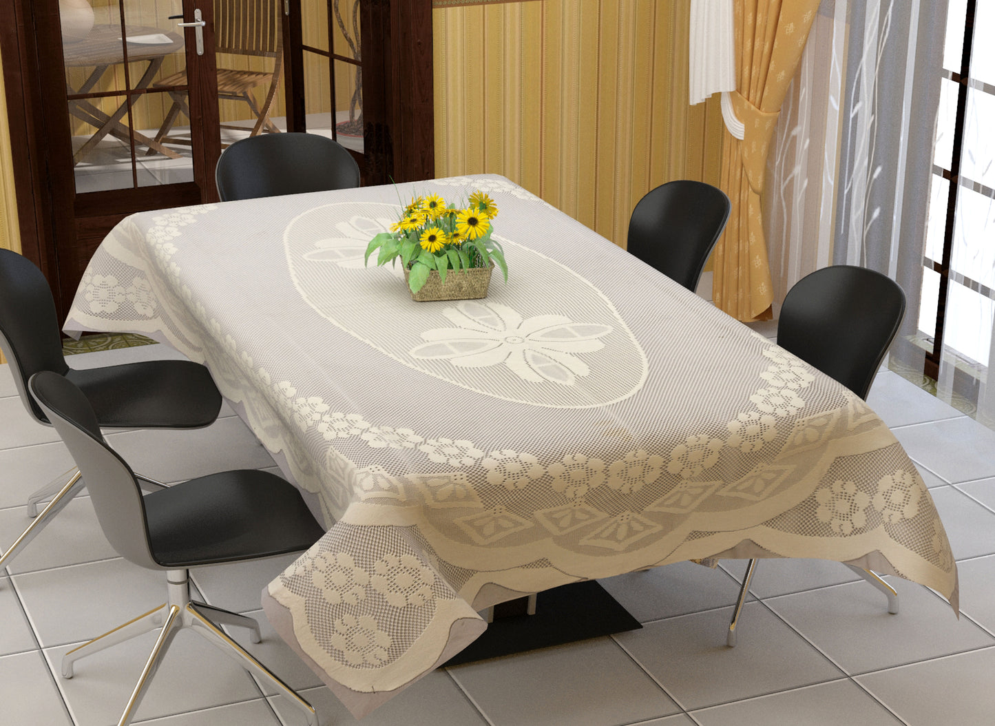 Bigger Fish Poly Cotton , Decorative Hand Made Dining Table Cover for 6-8 Seater (60 X 90 Inches) (Cream)