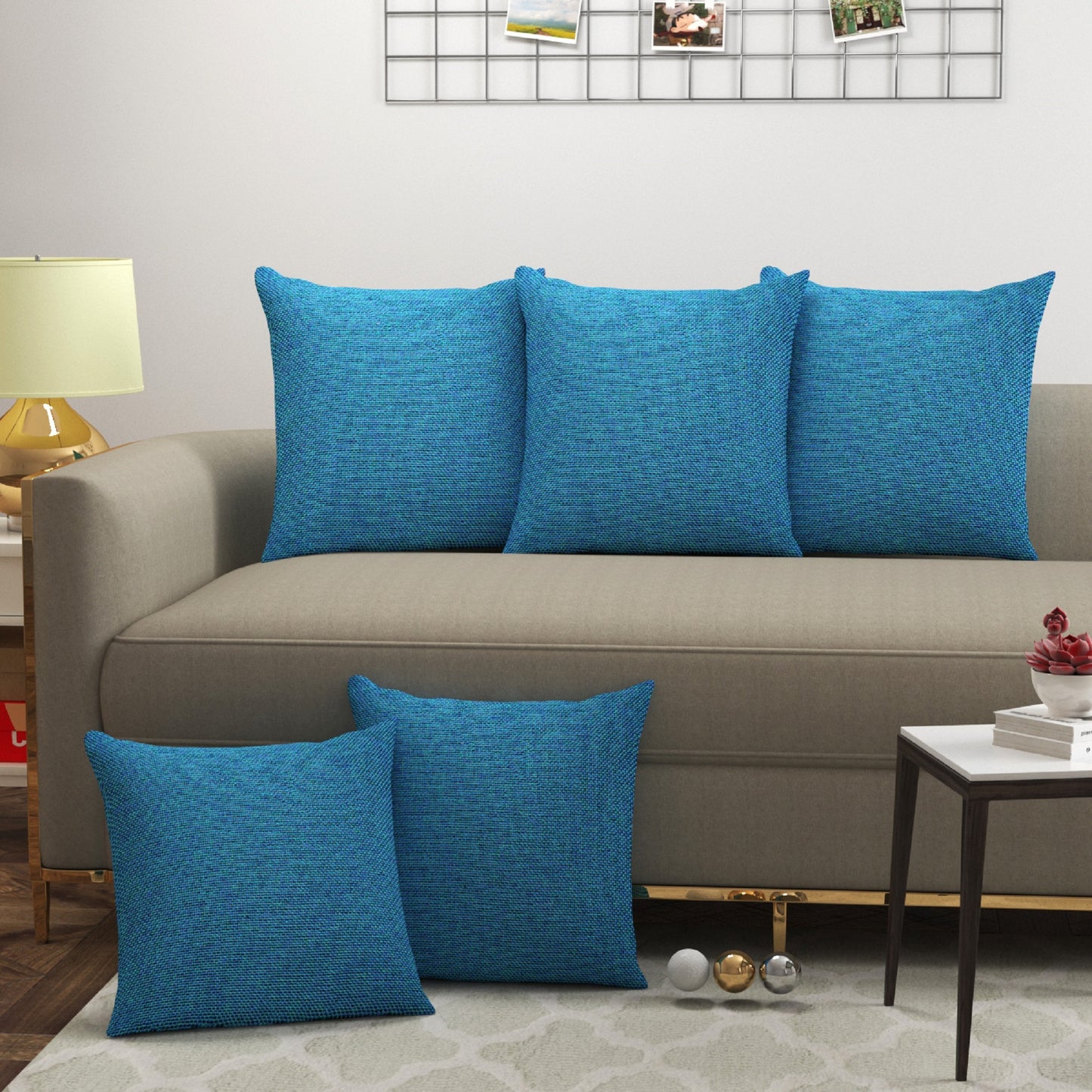 Bigger Fish Set of 5 Plain Jute 16x16 Inch Aqua Cushion Covers