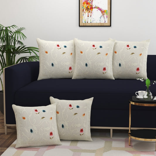 Bigger Fish Set of 5 Floral Poly Cotton 16x16 Inch Cream Cushion Covers