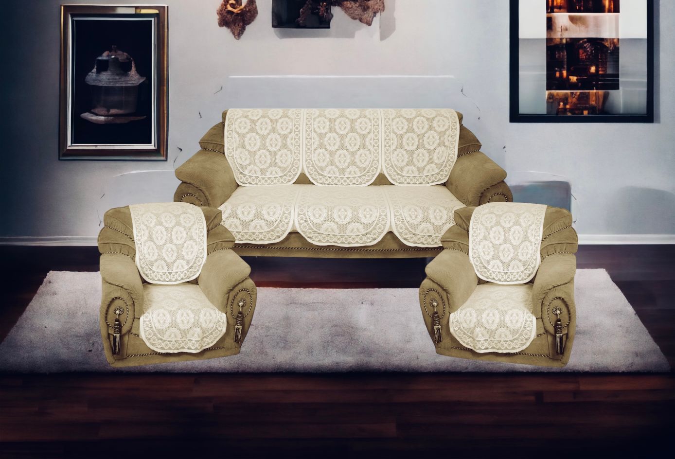 Bigger Fish Poly Cotton Net Fabric 5 Seater Sofa Cover - 10 Pieces (Cream)