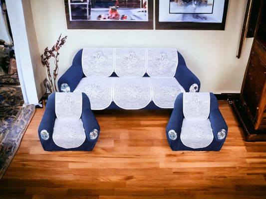 Bigger Fish Poly Cotton Net Fabric 5 Seater Sofa Cover - 10 Pieces (White)