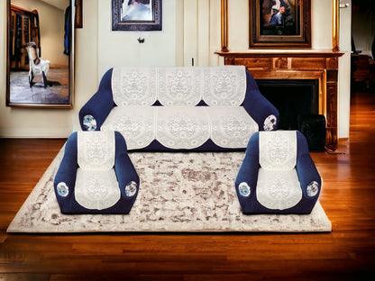 Bigger Fish Poly Cotton Net Fabric 5 Seater Sofa Cover 10 Pieces with 40x60 Center Table Cover Combo (Cream)