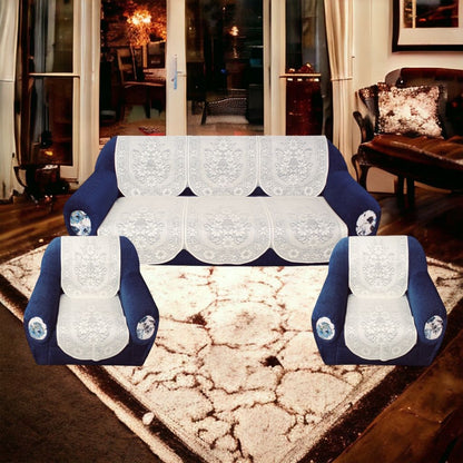 Bigger Fish Poly Cotton Net Fabric 5 Seater Sofa Cover - 10 Pieces (Cream)