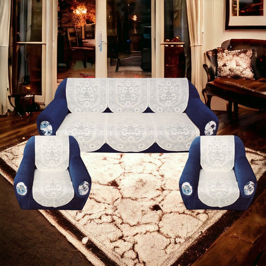 Bigger Fish Poly Cotton Net Fabric 5 Seater Sofa Cover - 10 Pieces (Cream)