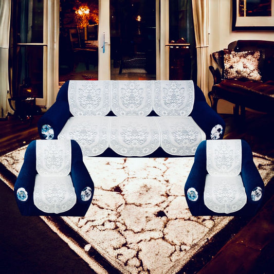 Bigger Fish Poly Cotton Net Fabric 5 Seater Sofa Cover - 10 Pieces (White)