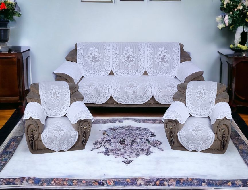 Bigger Fish Poly Cotton Net Fabric Floral Design 5 Seater Sofa Cover with 6 Pcs Arms Cover - 16 Pieces (White)
