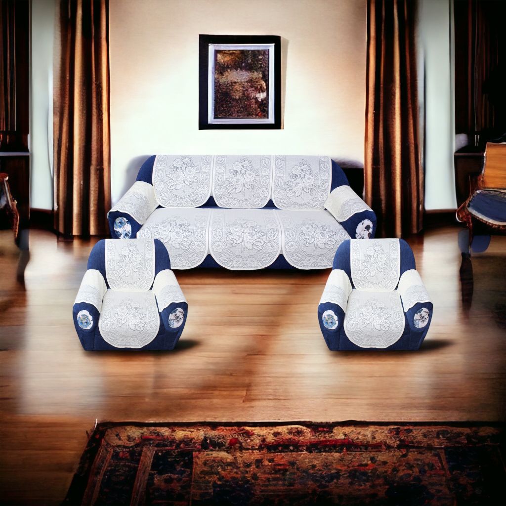 Bigger Fish Poly Cotton Net Fabric Floral Design 5 Seater Sofa Cover with 6 Pcs Arms Cover - 16 Pieces (Cream)
