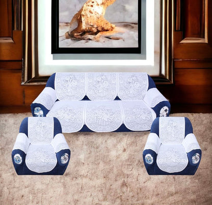 Bigger Fish Poly Cotton Net Fabric Floral Design 5 Seater Sofa Cover with 6 Pcs Arms Cover - 16 Pieces (White)