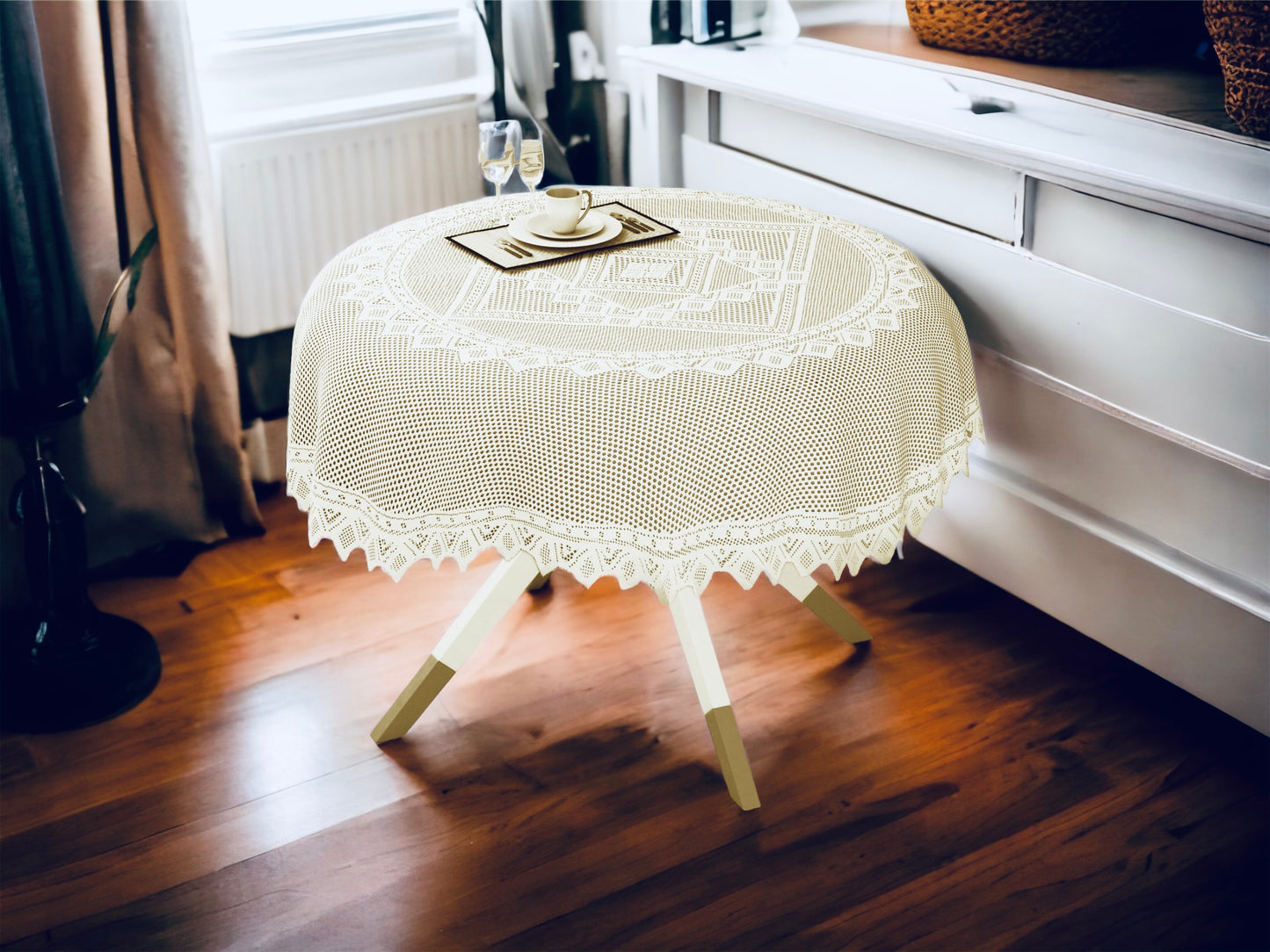 Bigger Fish Luxurious Poly Cotton 2 Seater Round Center Table Cover/Table Cloth ( 40 inch Round) - Cream
