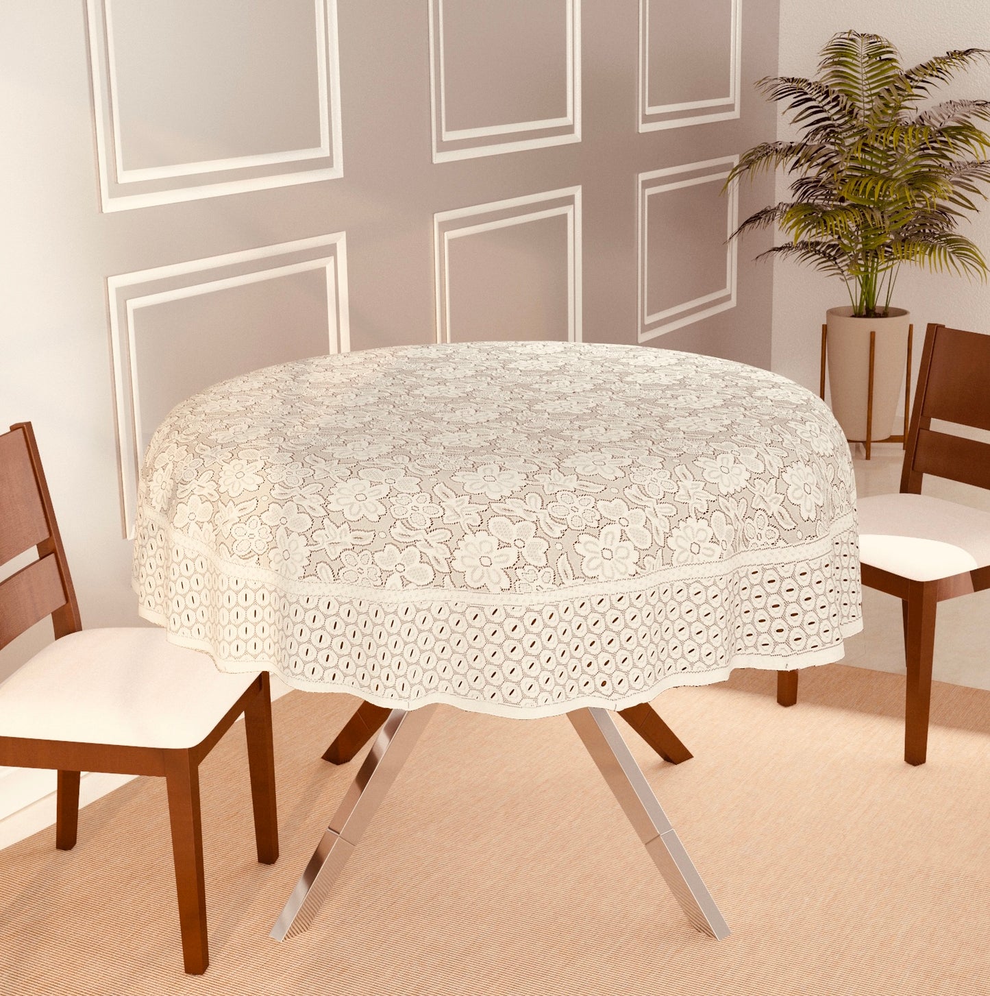 Bigger Fish 6 Seater Floral Design Poly Cotton Round Table Cover (60x60 Inch) (Cream)