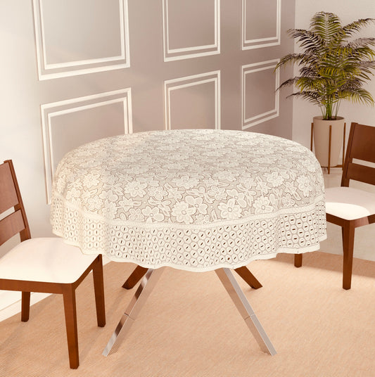 Bigger Fish 6 Seater Floral Design Poly Cotton Round Table Cover (60x60 Inch) (Cream)