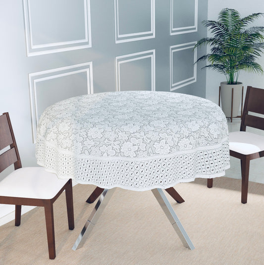 Bigger Fish 6 Seater Floral Design Poly Cotton Round Table Cover (60x60 Inch) (White)