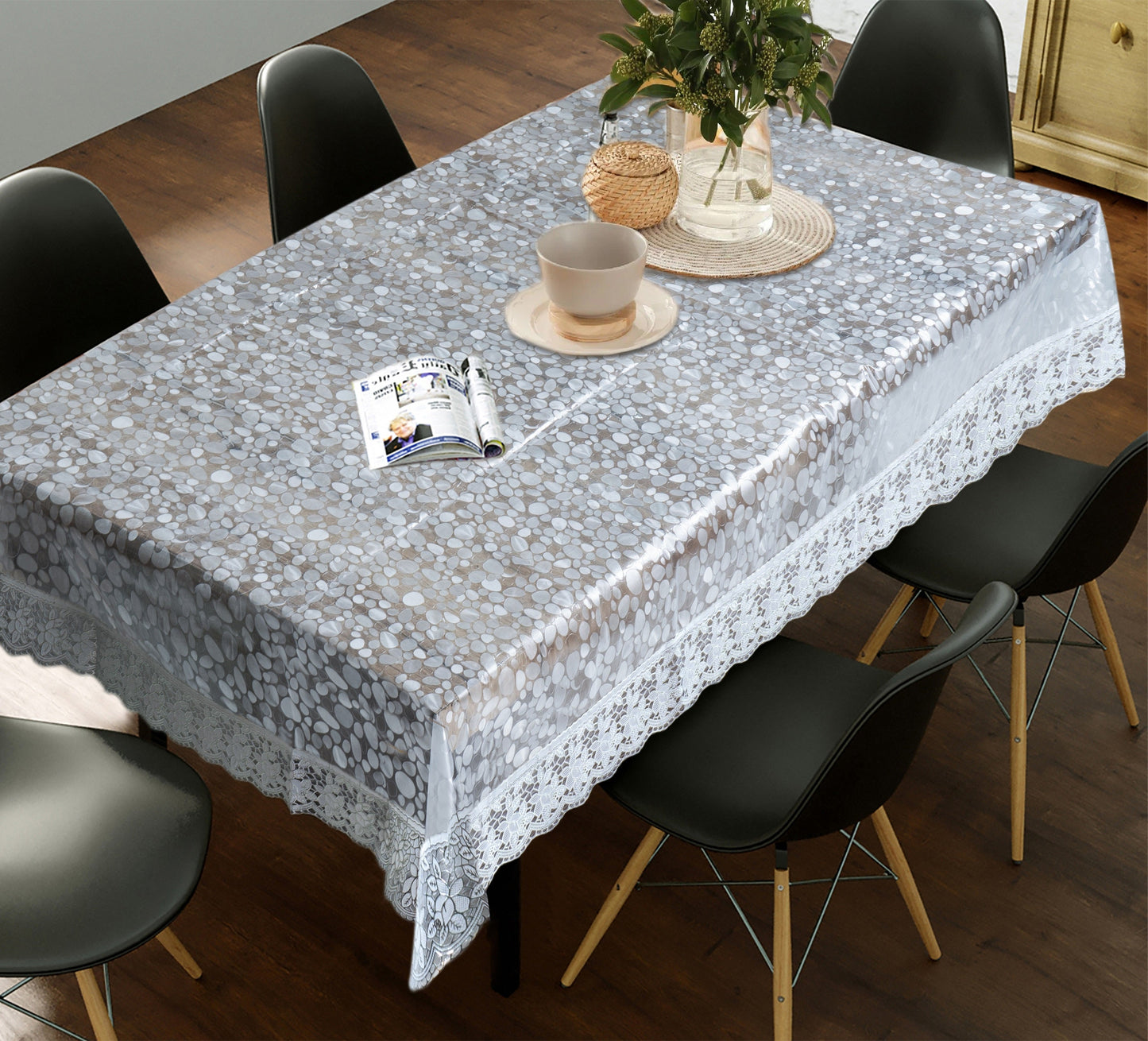 Bigger Fish PVC 6 Seater 54x78 Inch Dotted Diamond Marble White Lace Dining Table Cover