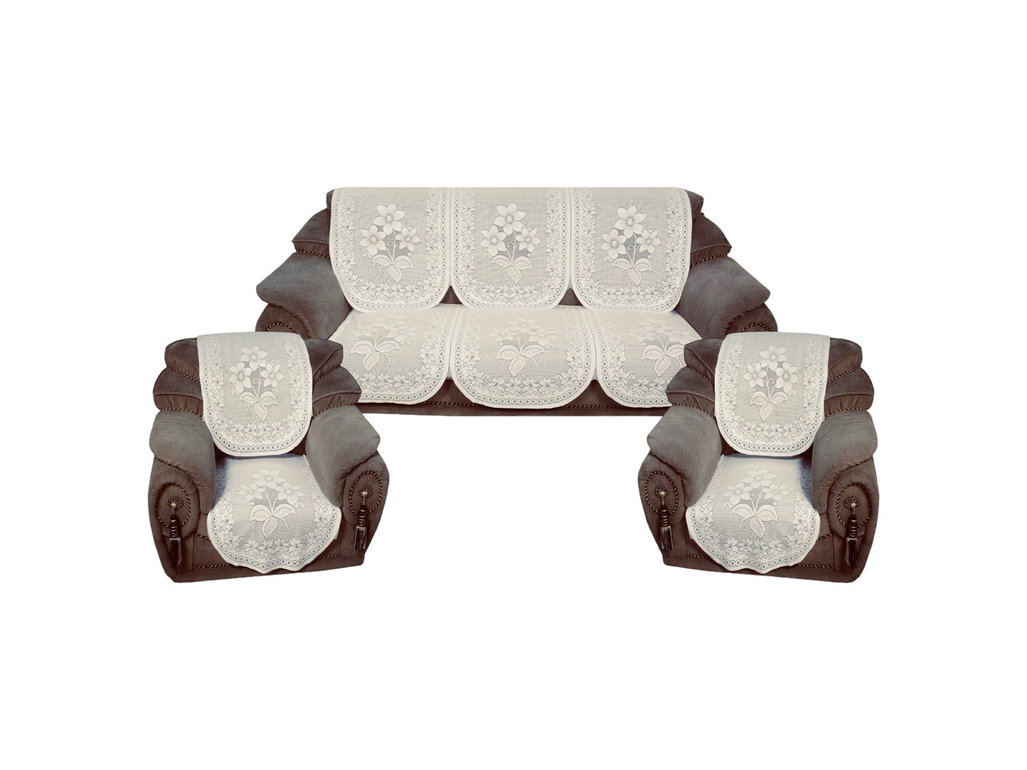 Bigger Fish Poly Cotton Net Fabric Floral 5 Seater Sofa Cover 10 Pieces with 40x60 Center Table Cover Combo (Cream)