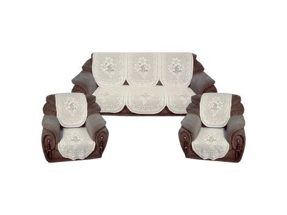 Bigger Fish Poly Cotton Net Fabric Floral 5 Seater Sofa Cover 10 Pieces with 40x60 Center Table Cover Combo (Cream)