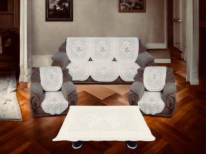 Bigger Fish Poly Cotton Net Fabric Floral 5 Seater Sofa Cover 10 Pieces with 40x60 Center Table Cover Combo (Cream)