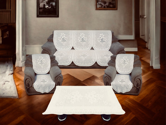 Bigger Fish Poly Cotton Net Fabric Floral 5 Seater Sofa Cover 10 Pieces with 40x60 Center Table Cover Combo (Cream)