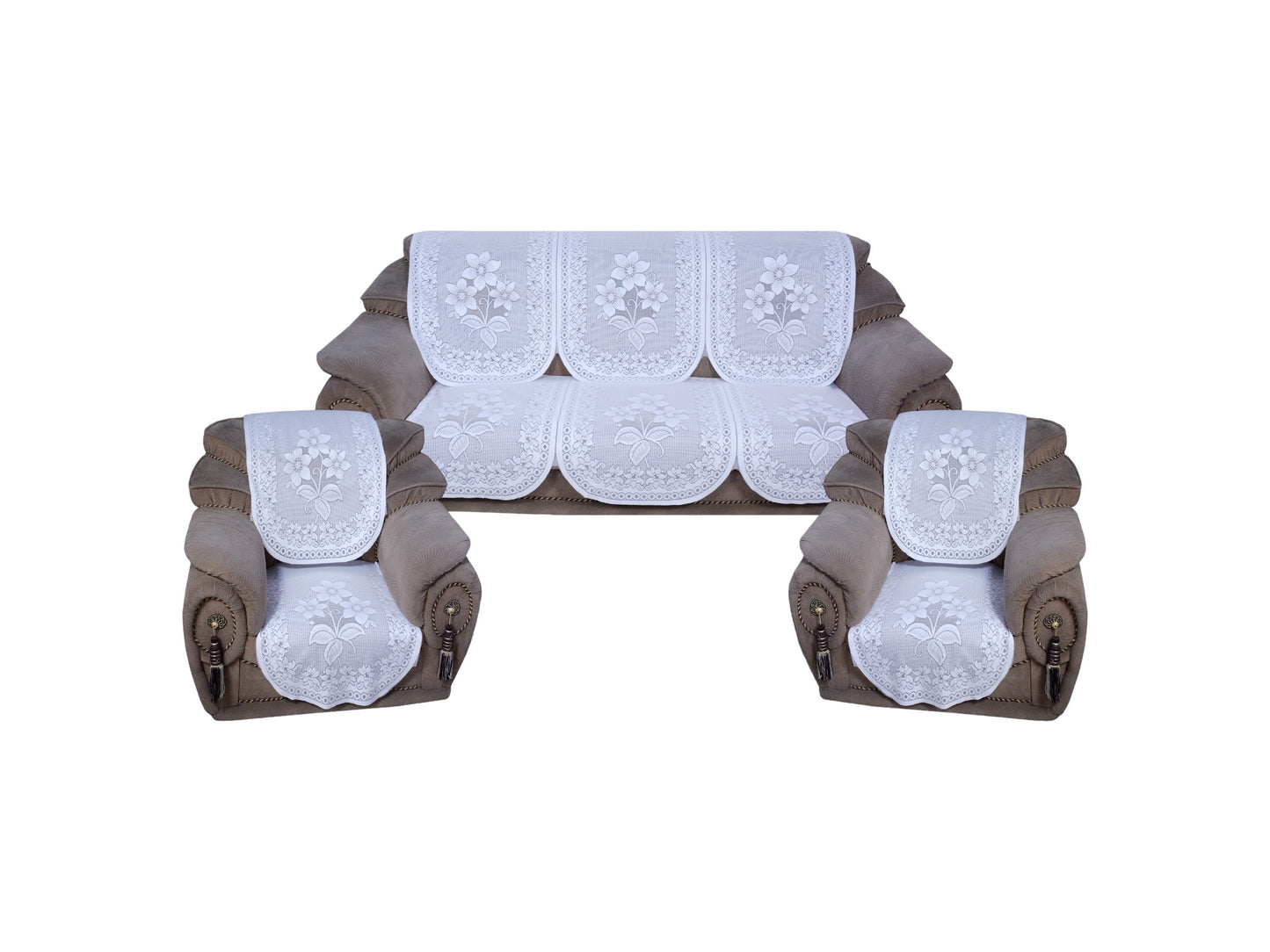 Bigger Fish Poly Cotton Net Fabric Floral 5 Seater Sofa Cover 10 Pieces with 40x60 Center Table Cover Combo (White)