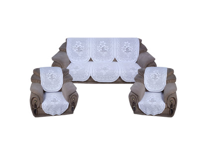 Bigger Fish Poly Cotton Net Fabric Floral 5 Seater Sofa Cover 10 Pieces with 40x60 Center Table Cover Combo (White)