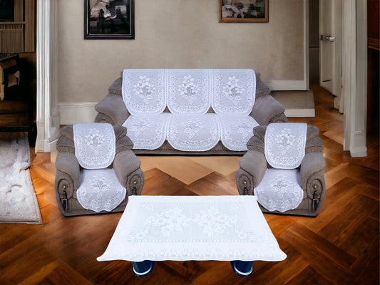 Bigger Fish Poly Cotton Net Fabric Floral 5 Seater Sofa Cover 10 Pieces with 40x60 Center Table Cover Combo (White)