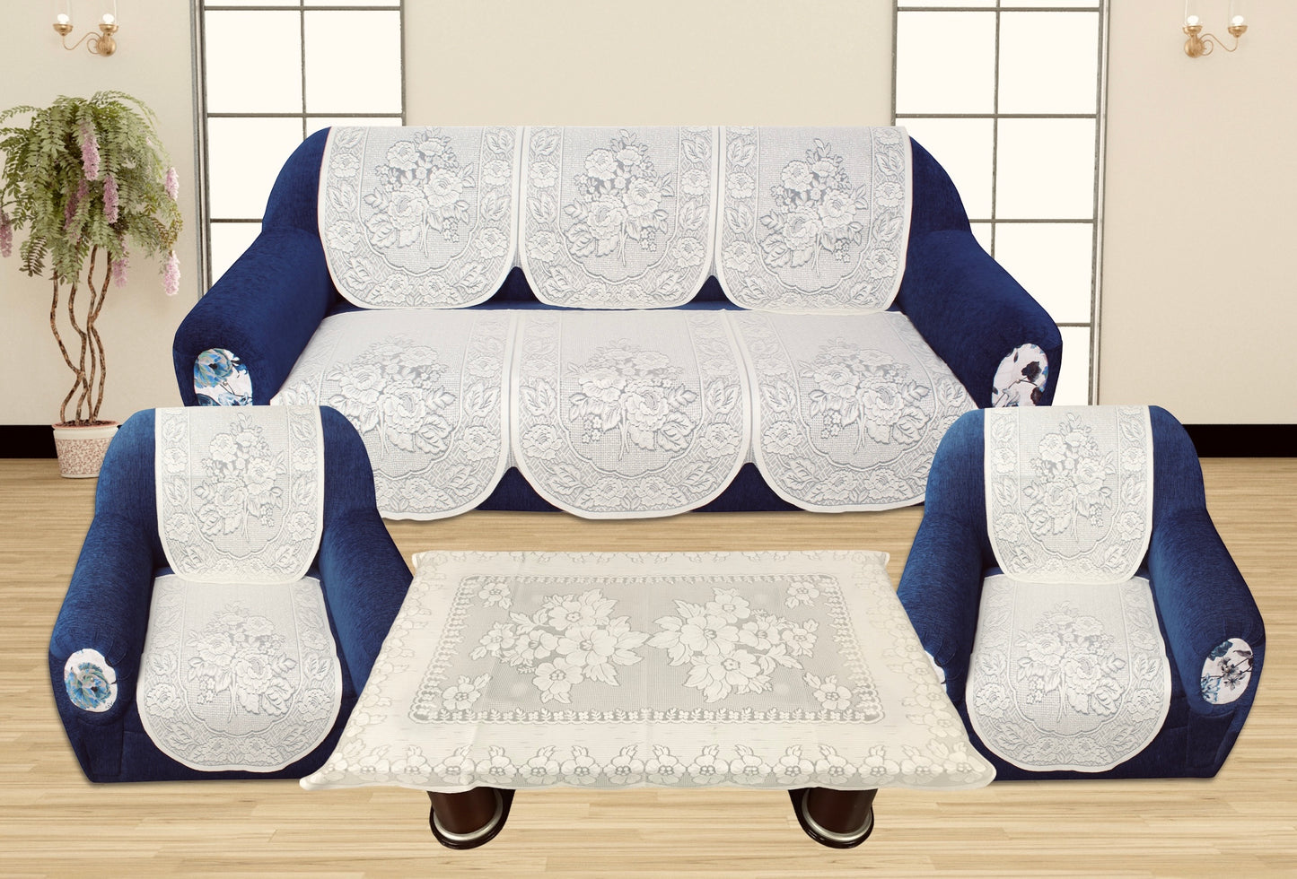 Bigger Fish Poly Cotton Net Fabric Floral 5 Seater Sofa Cover 10 Pieces with 40x60 Center Table Cover Combo (Cream)