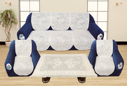 Bigger Fish Poly Cotton Net Fabric Floral 5 Seater Sofa Cover 10 Pieces with 40x60 Center Table Cover Combo (Cream)