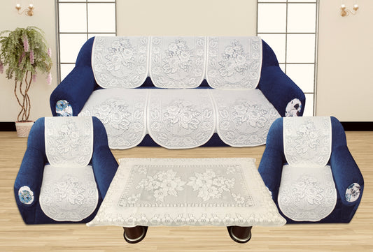 Bigger Fish Poly Cotton Net Fabric Floral 5 Seater Sofa Cover 10 Pieces with 40x60 Center Table Cover Combo (Cream)