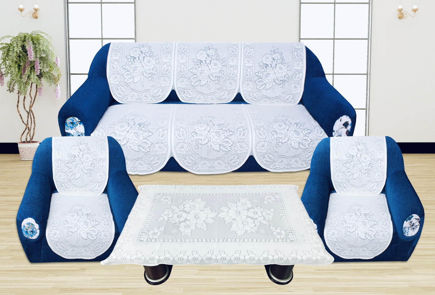 Bigger Fish Poly Cotton Net Fabric Floral 5 Seater Sofa Cover 10 Pieces with 40x60 Center Table Cover Combo (White)