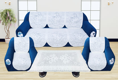 Bigger Fish Poly Cotton Net Fabric Floral 5 Seater Sofa Cover 10 Pieces with 40x60 Center Table Cover Combo (White)