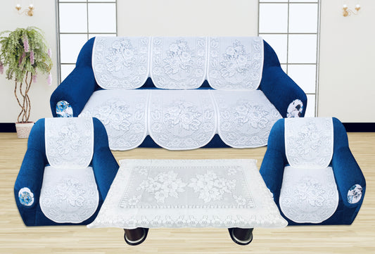 Bigger Fish Poly Cotton Net Fabric Floral 5 Seater Sofa Cover 10 Pieces with 40x60 Center Table Cover Combo (White)