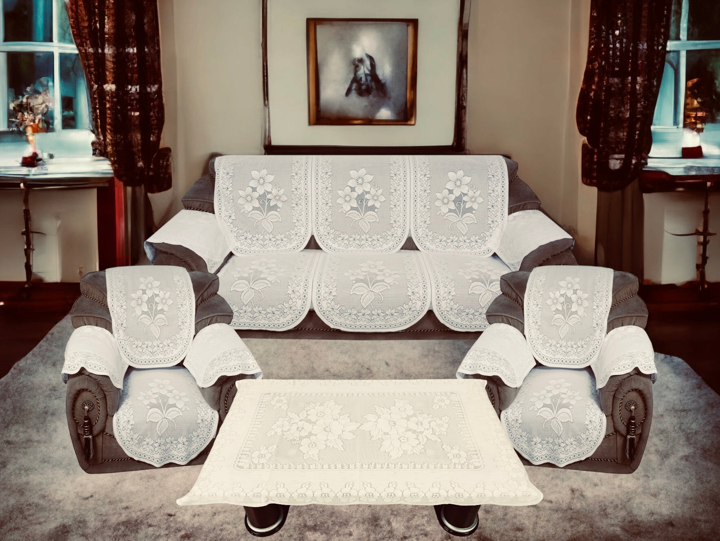 Bigger Fish Poly Cotton  5 Seater Sofa Cover With Arms cover  16 Pieces with 40x60 Center Table Cover Combo (Cream)