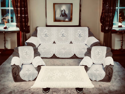 Bigger Fish Poly Cotton  5 Seater Sofa Cover With Arms cover  16 Pieces with 40x60 Center Table Cover Combo (Cream)