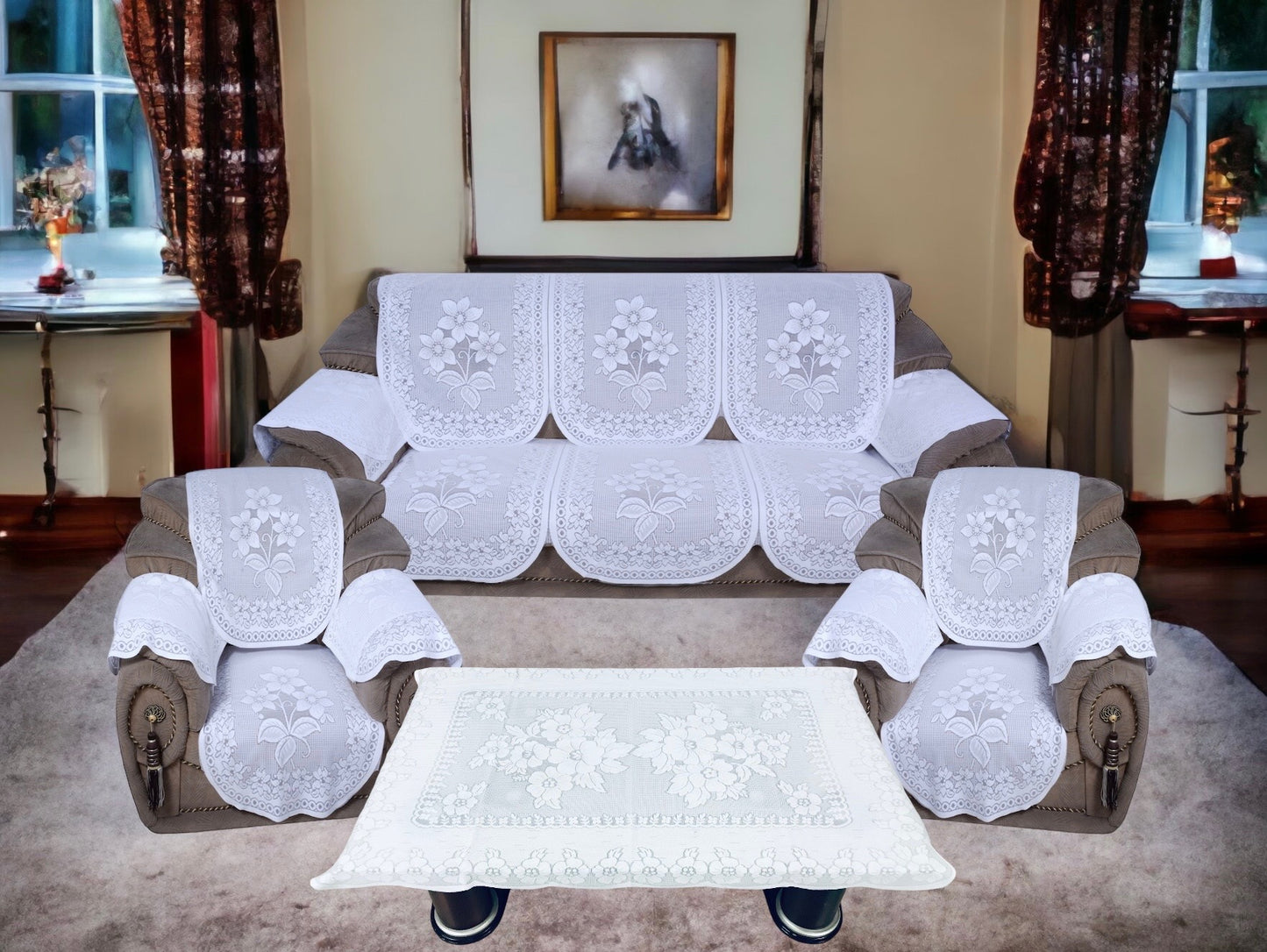 Bigger Fish Poly Cotton Net Fabric  5 Seater Sofa Cover With Arms cover  16 Pieces with 40x60 Center Table Cover Combo (White)