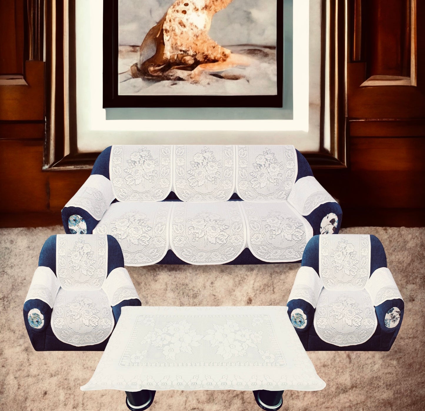 Bigger Fish Poly Cotton  5 Seater Sofa Cover With Arms cover  16 Pieces with 40x60 Center Table Cover Combo (Cream)