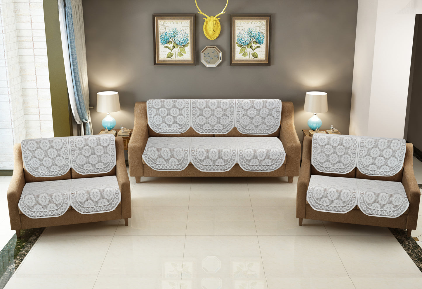 Bigger Fish Poly Cotton Net Fabric Floral 7 Seater 28x23 Inch Sofa Cover - 14 Pieces (Cream)
