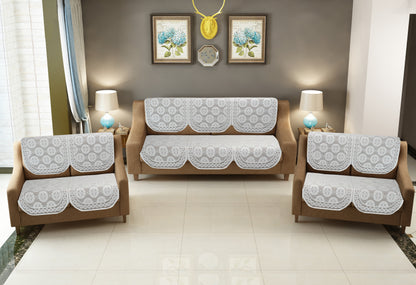 Bigger Fish Poly Cotton Net Fabric Floral 7 Seater 28x23 Inch Sofa Cover - 14 Pieces (Cream)