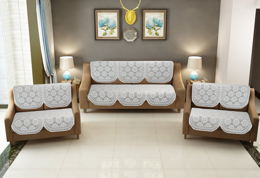 Bigger Fish Poly Cotton Net Fabric Floral 7 Seater 28x23 Inch Sofa Cover - 14 Pieces (Cream)