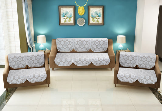 Bigger Fish Poly Cotton Net Fabric Floral 7 Seater 28x23 Inch Sofa Cover - 14 Pieces (White)