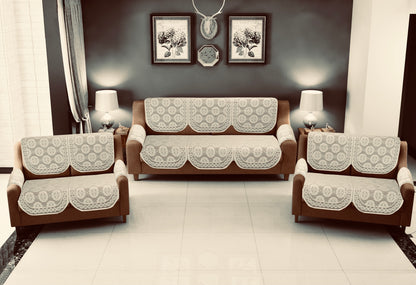 Bigger Fish Poly Cotton Net Fabric Floral 7 Seater 23x28 Inch Sofa Cover with 6 Pcs Arms Cover - 20 Pieces (Cream)