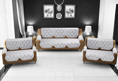Bigger Fish Poly Cotton Net Fabric Floral 7 Seater 23x28 Inch Sofa Cover with 6 Pcs Arms Cover - 20 Pieces (White)